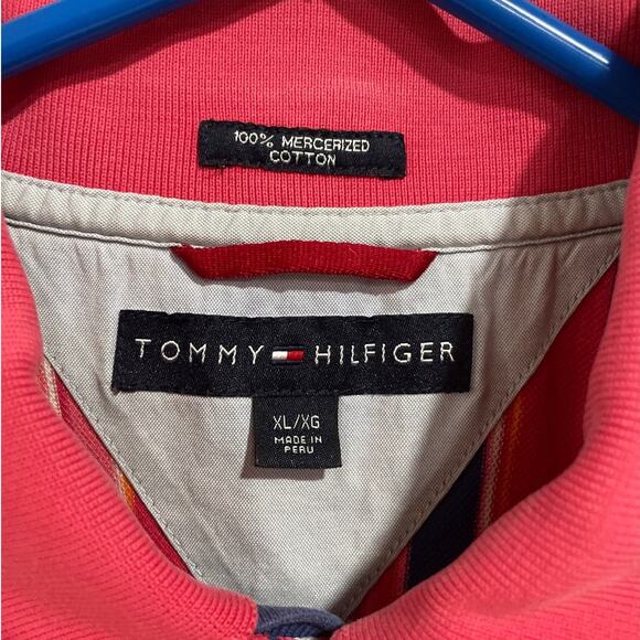 XL Tommy Hilfiger 100% Cotton Striped Red Blue Polo Men Shirt Short Sleeve - Picture 3 of 10